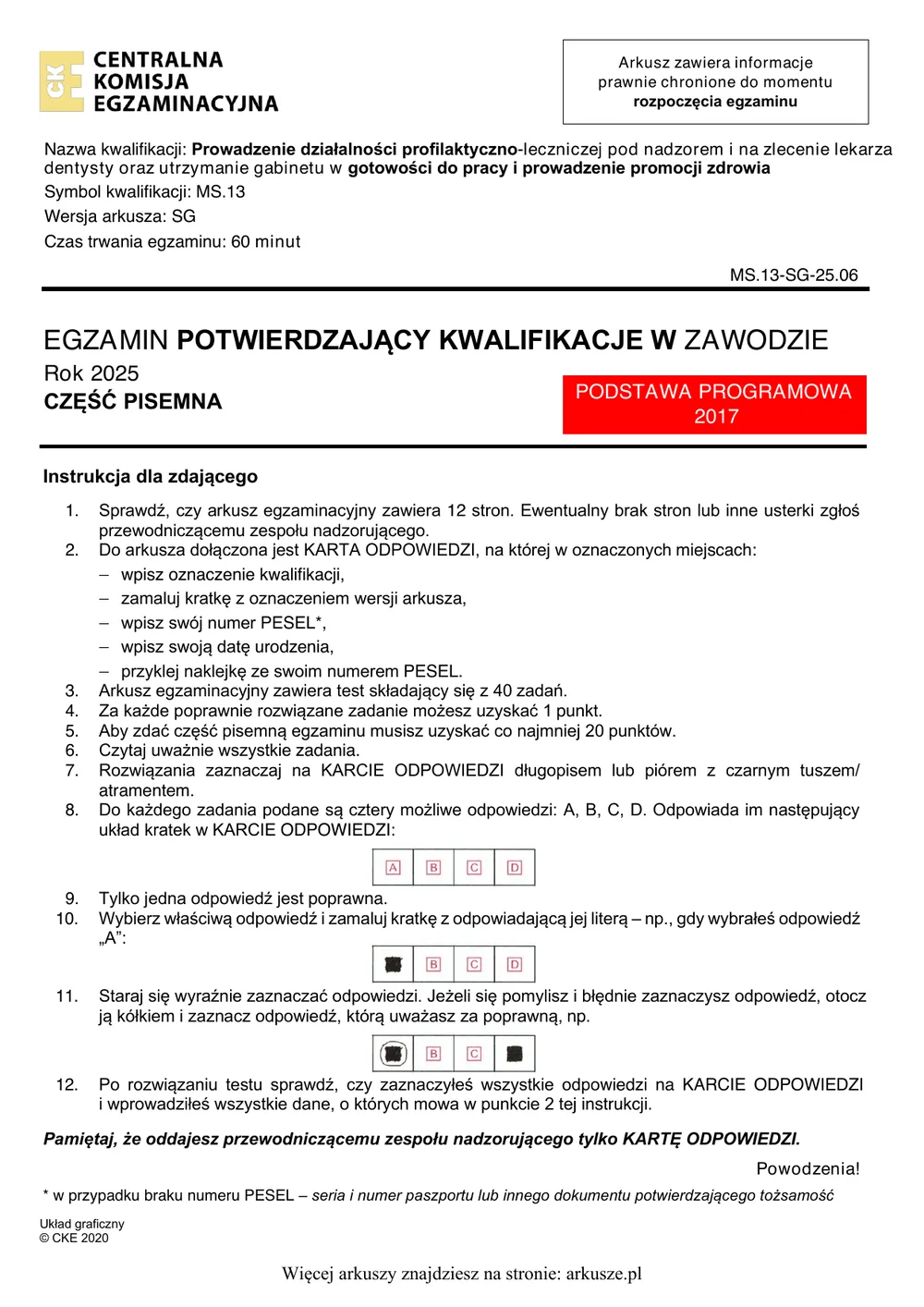 Pierwsza strona arkusza egzaminacyjnego, egzamin asystentka stomatologiczna, część pisemna