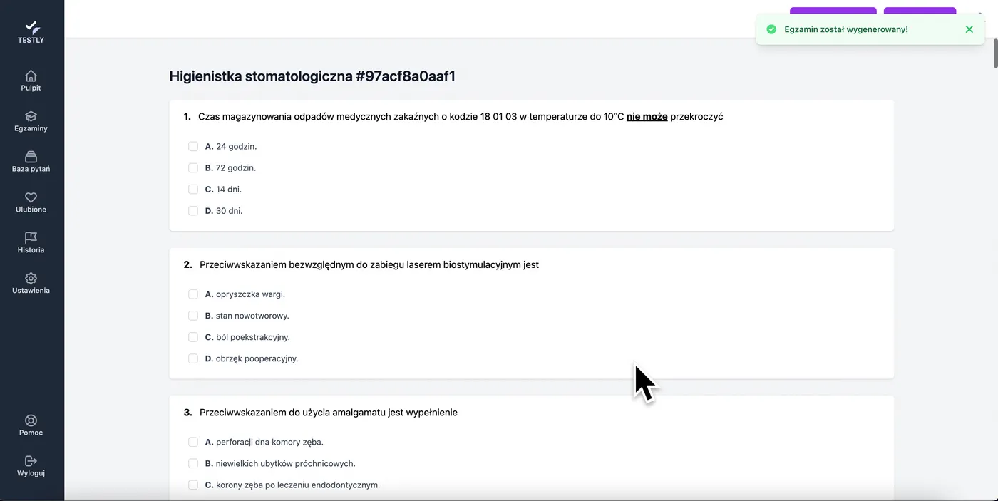 Obrazek przedstawiający poprawnie wygenerowany egzamin