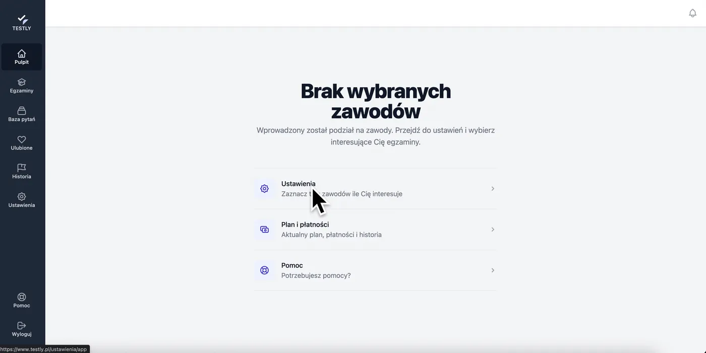 Ekran główny aplikacji testly po logowaniu