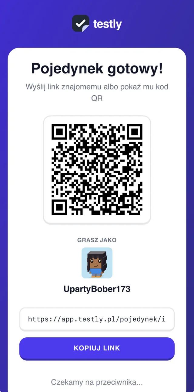 Pokój pojedynku z kodem QR w aplikacji testly
