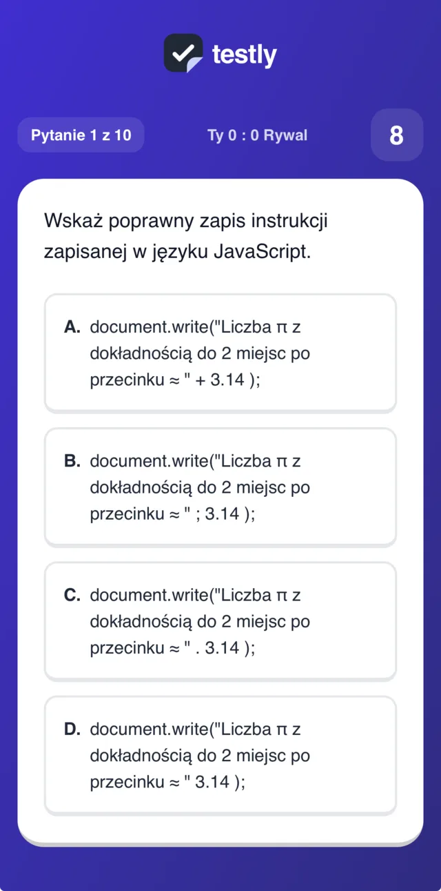 Pytanie w trakcie pojedynku w aplikacji testly