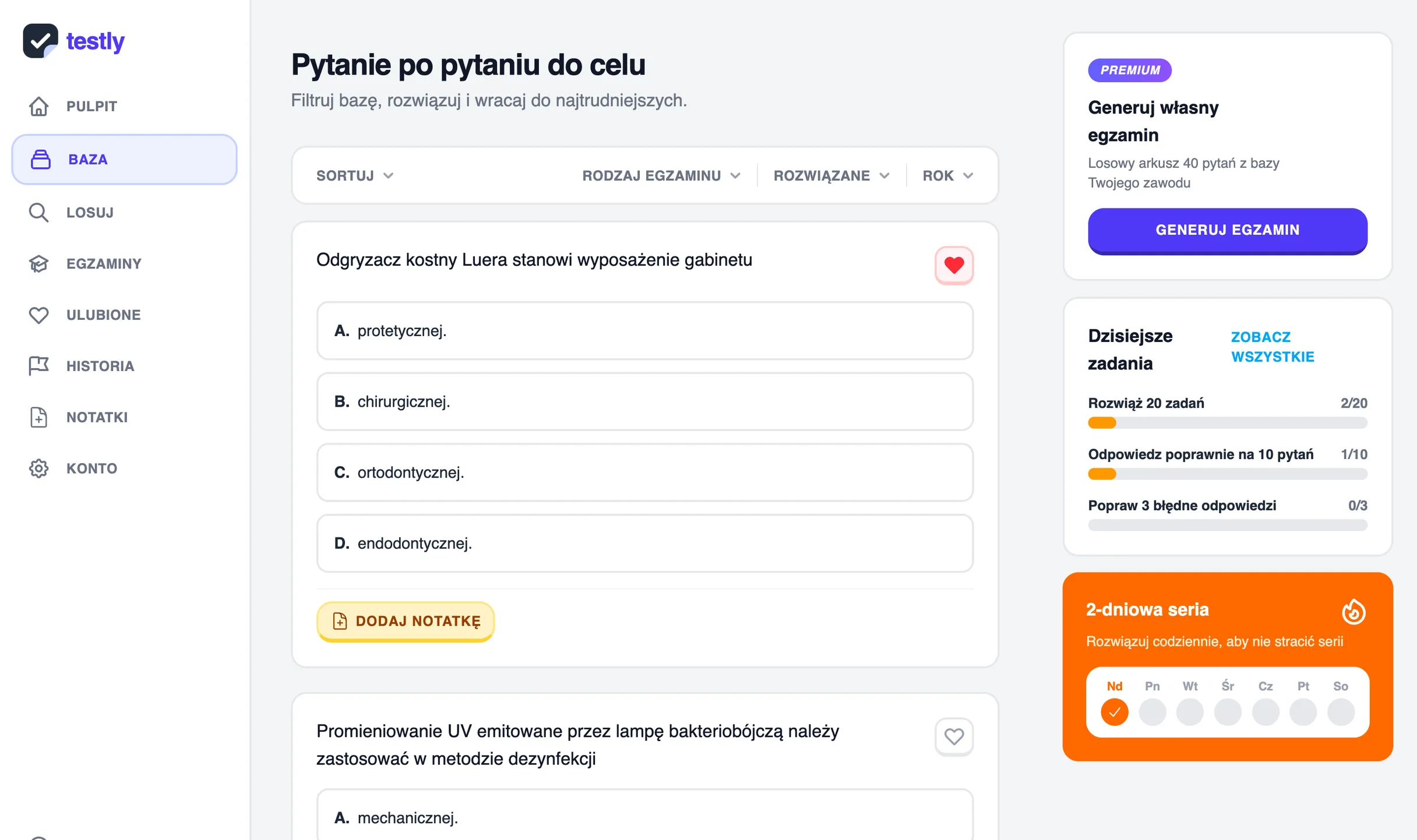 Zrzut ekranu aplikacji Testly